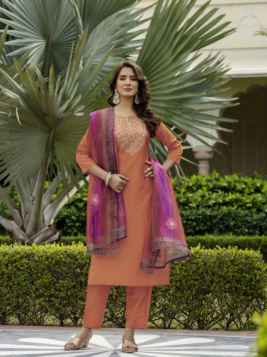 The52 Orange Women's Gorgeous Embroidered Rayon Fabric with Straight Kurta, Pant and Dupatta Set - Swadesiicart