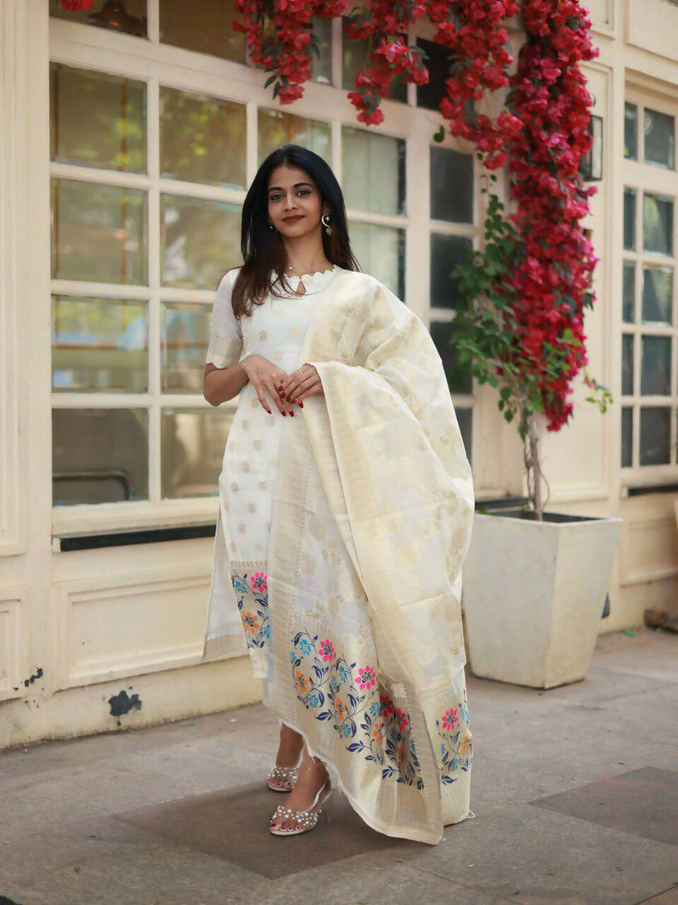 The52 White Women's Beautiful Viscose Jacquard Fabric Printed Work Straight Kurta Pant and Dupatta Set - Swadesiicart