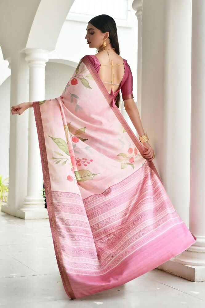 Vishnu Weaves Women's Pink Satin Silk Printed Saree with Blouse - Swadesiicart