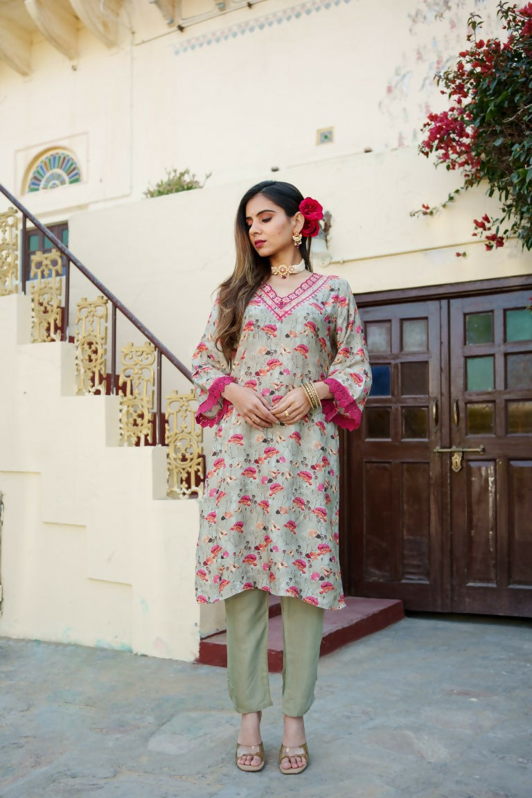Vaasva Women Pista Green Muslin Embroidered Kurta & Pant Set | Swadesiicart