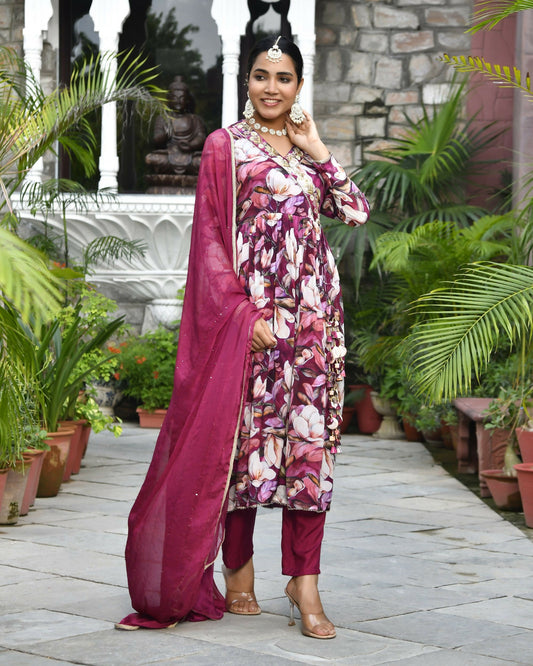 Vaasva Women's Chinon Emboidered Angrakha Anarkali Set With Solid Pant & Solid Embroidered Dupatta | Swadesiicart