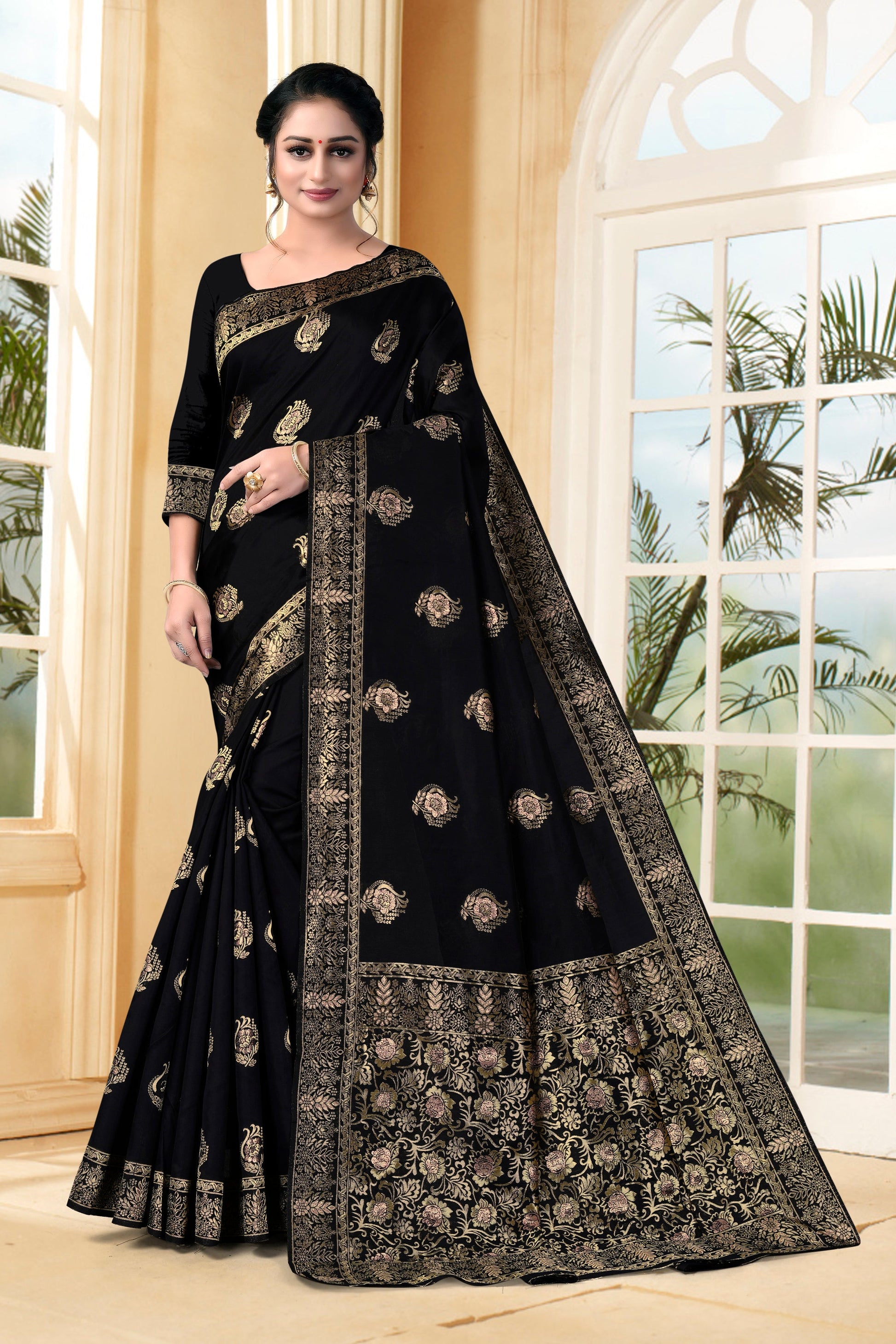 Vedant Vastram Litchi Silk Designer Banarasi Saree - Black | Swadesiicart