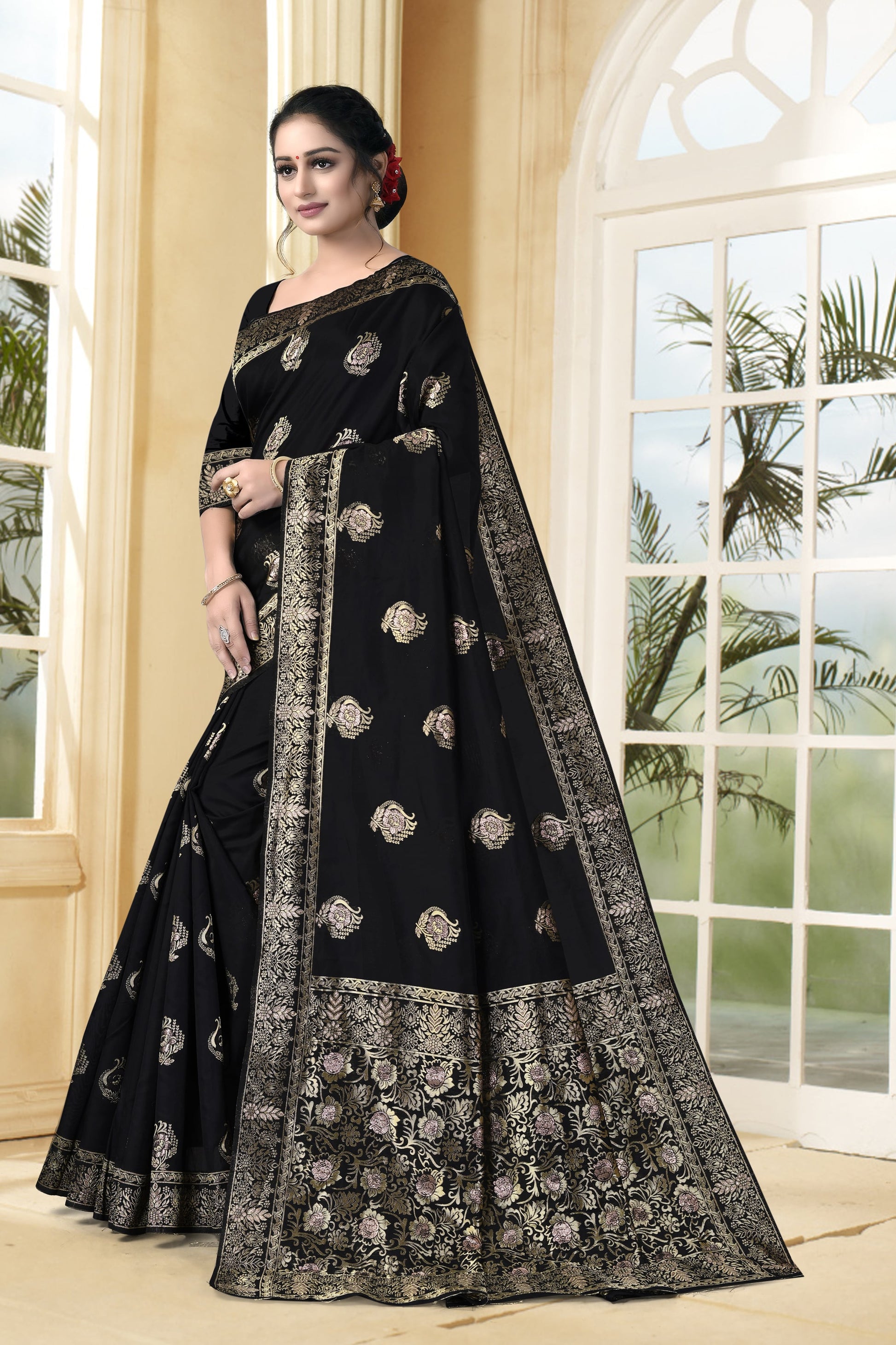 Vedant Vastram Litchi Silk Designer Banarasi Saree - Black | Swadesiicart