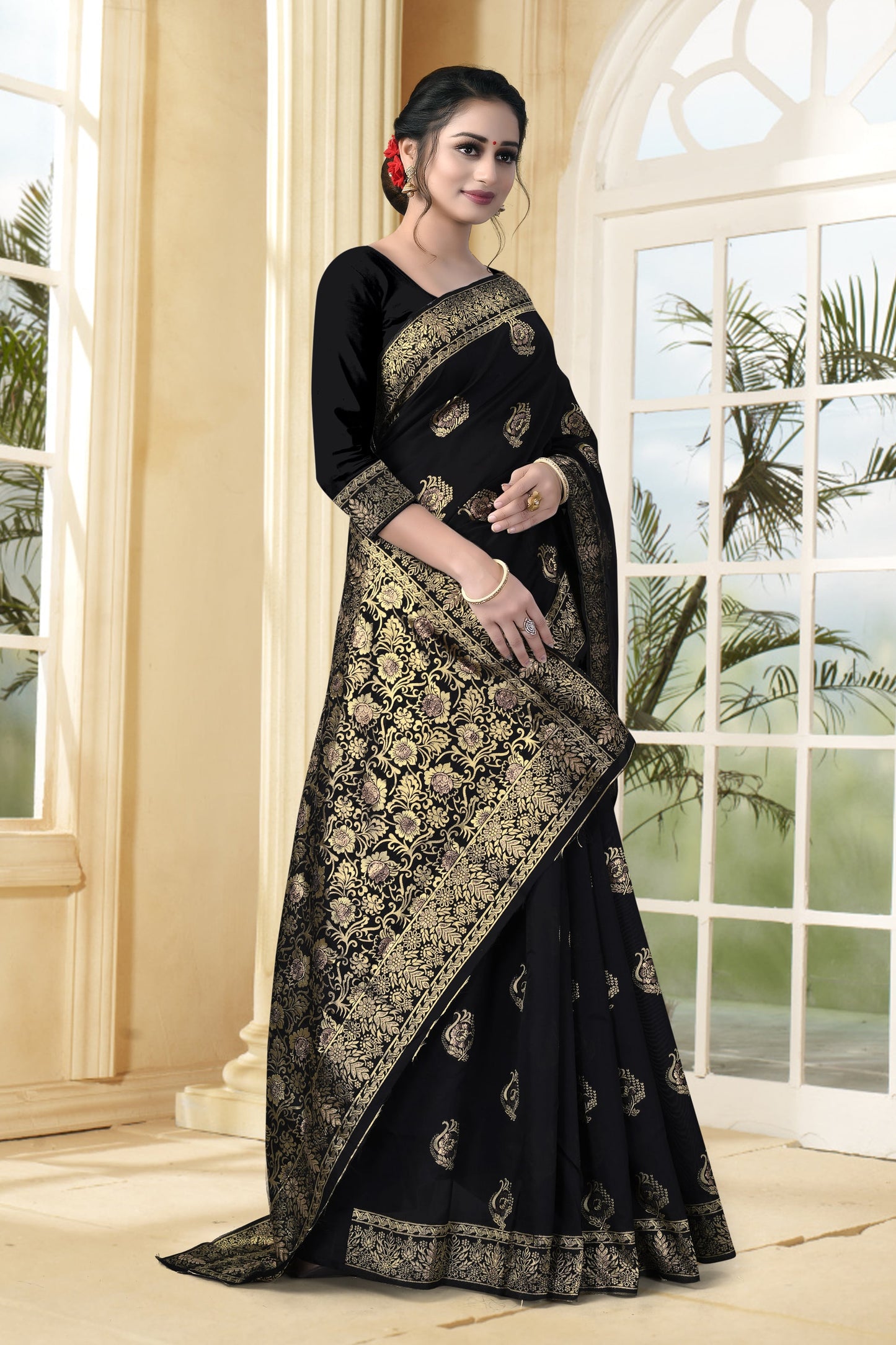 Vedant Vastram Litchi Silk Designer Banarasi Saree - Black | Swadesiicart