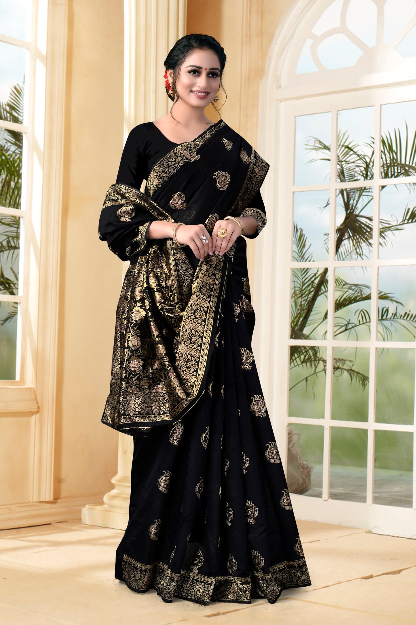 Vedant Vastram Litchi Silk Designer Banarasi Saree - Black | Swadesiicart