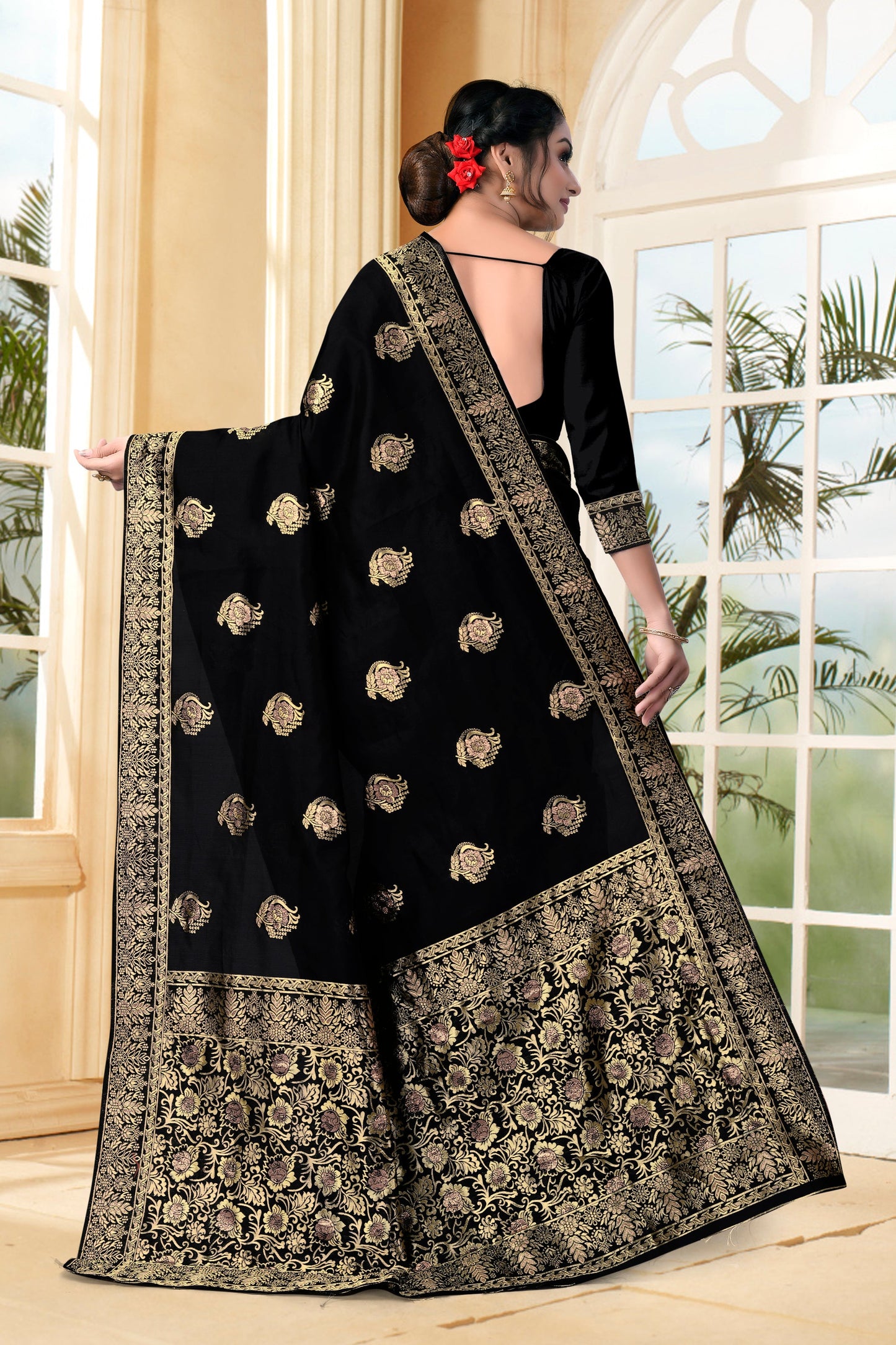 Vedant Vastram Litchi Silk Designer Banarasi Saree - Black | Swadesiicart