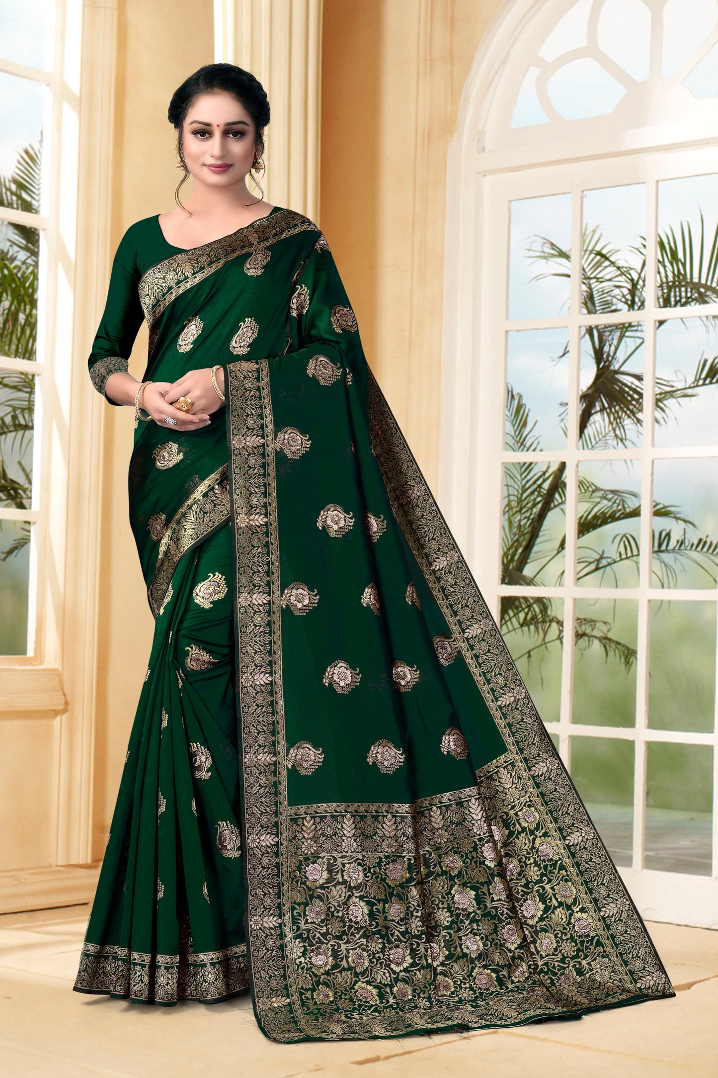 Vedant Vastram Litchi Silk Designer Banarasi Saree - Bottle Green | Swadesiicart