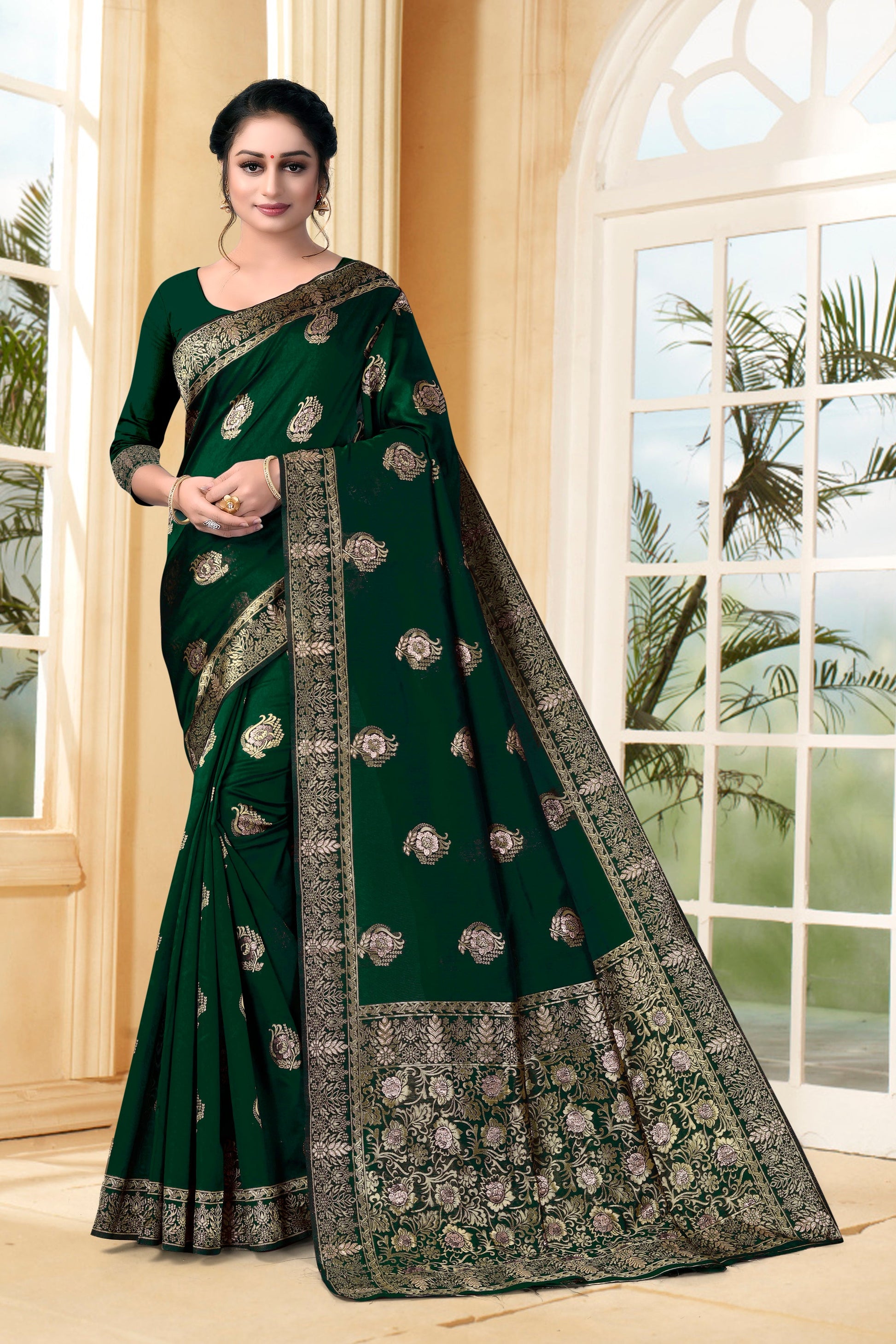 Vedant Vastram Litchi Silk Designer Banarasi Saree - Bottle Green | Swadesiicart