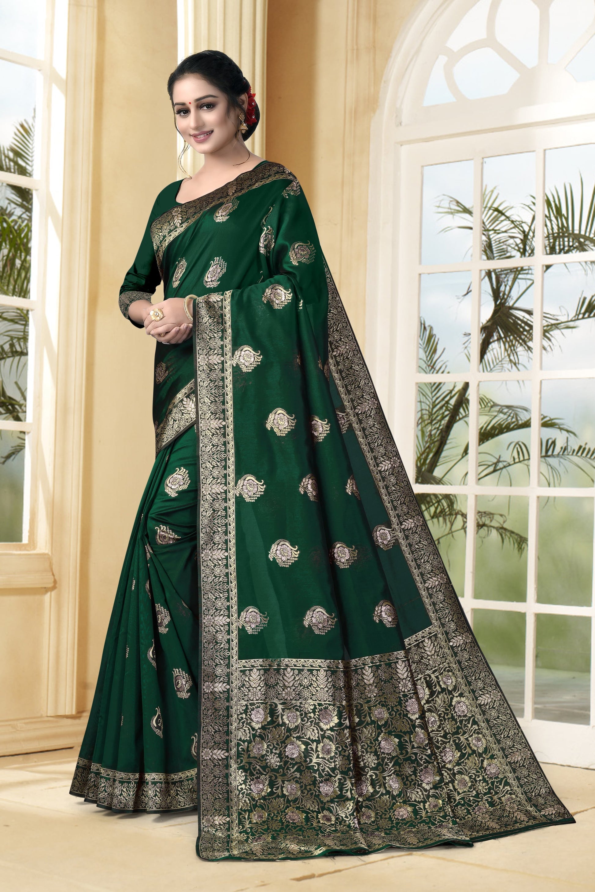 Vedant Vastram Litchi Silk Designer Banarasi Saree - Bottle Green | Swadesiicart