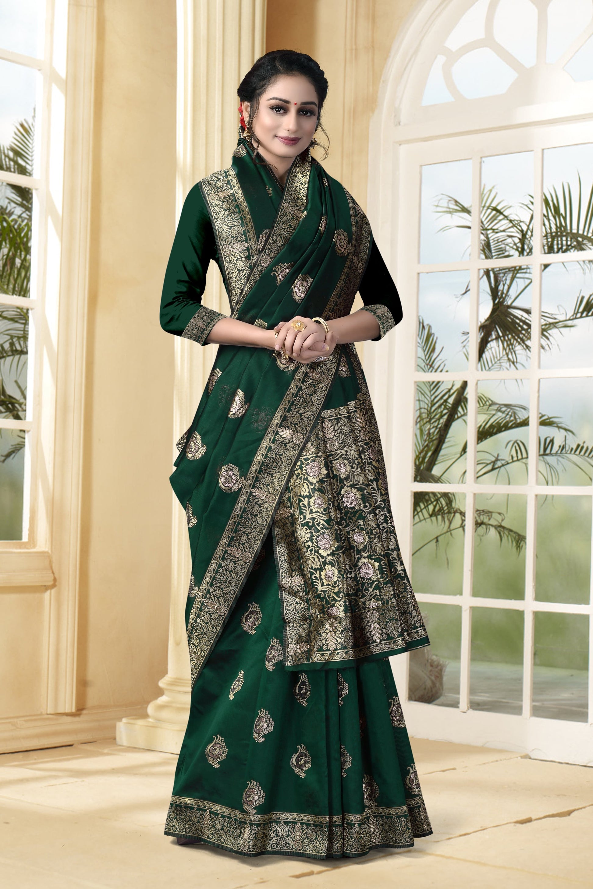 Vedant Vastram Litchi Silk Designer Banarasi Saree - Bottle Green | Swadesiicart