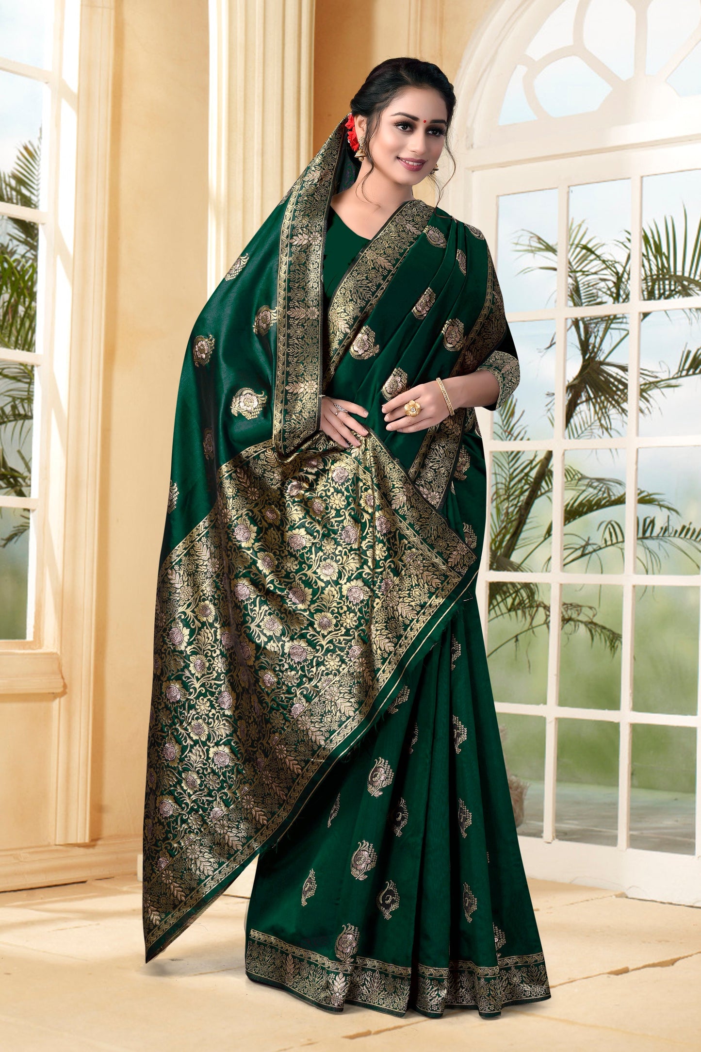 Vedant Vastram Litchi Silk Designer Banarasi Saree - Bottle Green | Swadesiicart