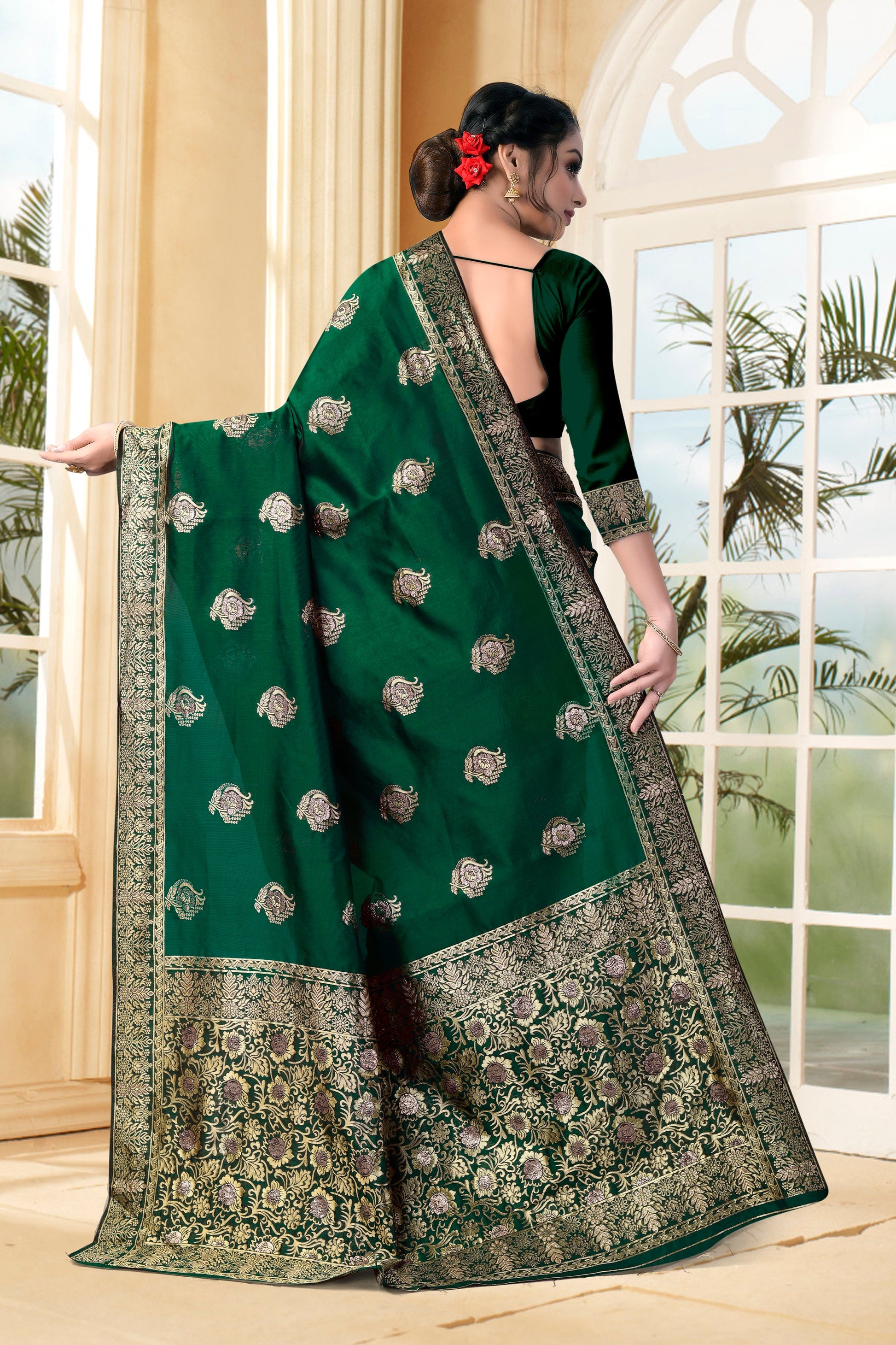 Vedant Vastram Litchi Silk Designer Banarasi Saree - Bottle Green | Swadesiicart