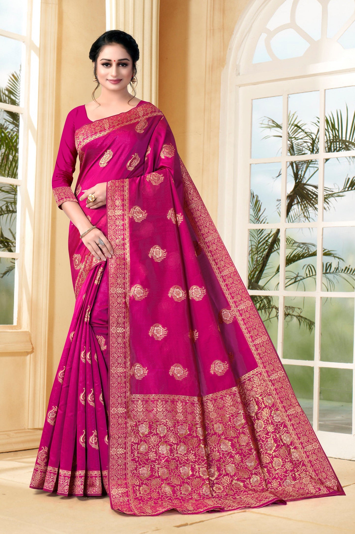 Vedant Vastram Litchi Silk Designer Banarasi Saree - Magenta | Swadesiicart