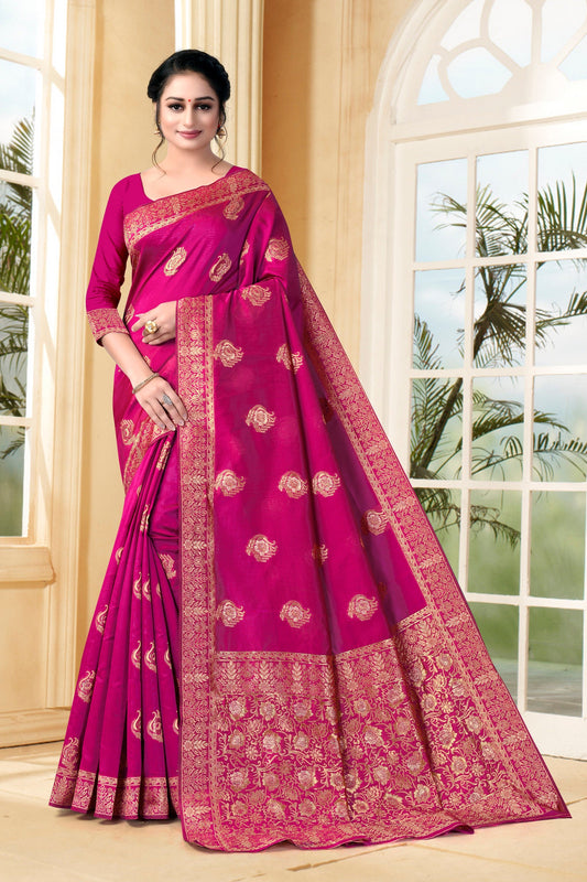 Vedant Vastram Litchi Silk Designer Banarasi Saree - Magenta | Swadesiicart