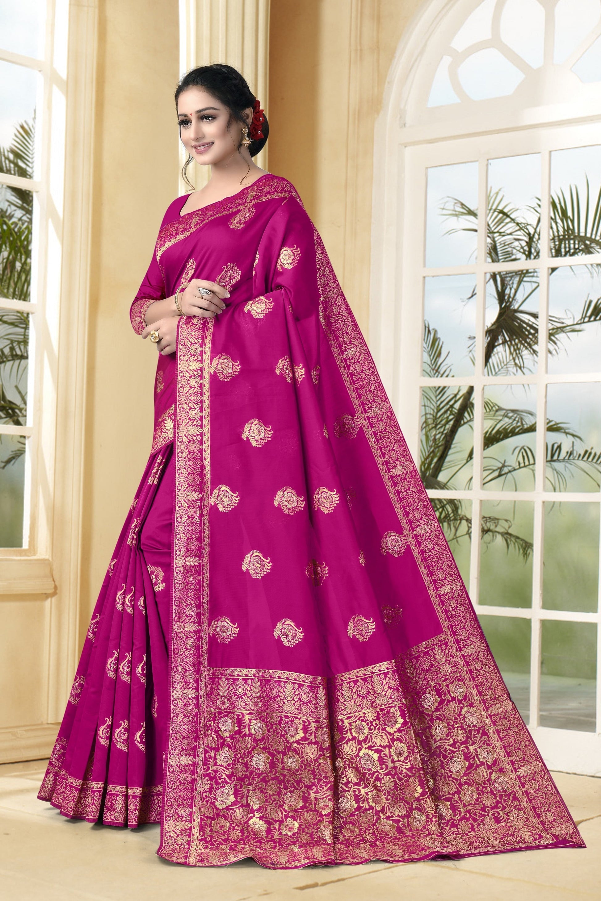 Vedant Vastram Litchi Silk Designer Banarasi Saree - Magenta | Swadesiicart
