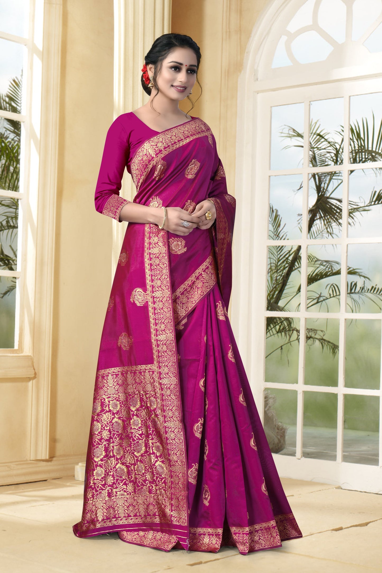 Vedant Vastram Litchi Silk Designer Banarasi Saree - Magenta | Swadesiicart