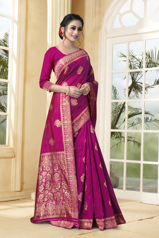 Vedant Vastram Litchi Silk Designer Banarasi Saree - Magenta | Swadesiicart