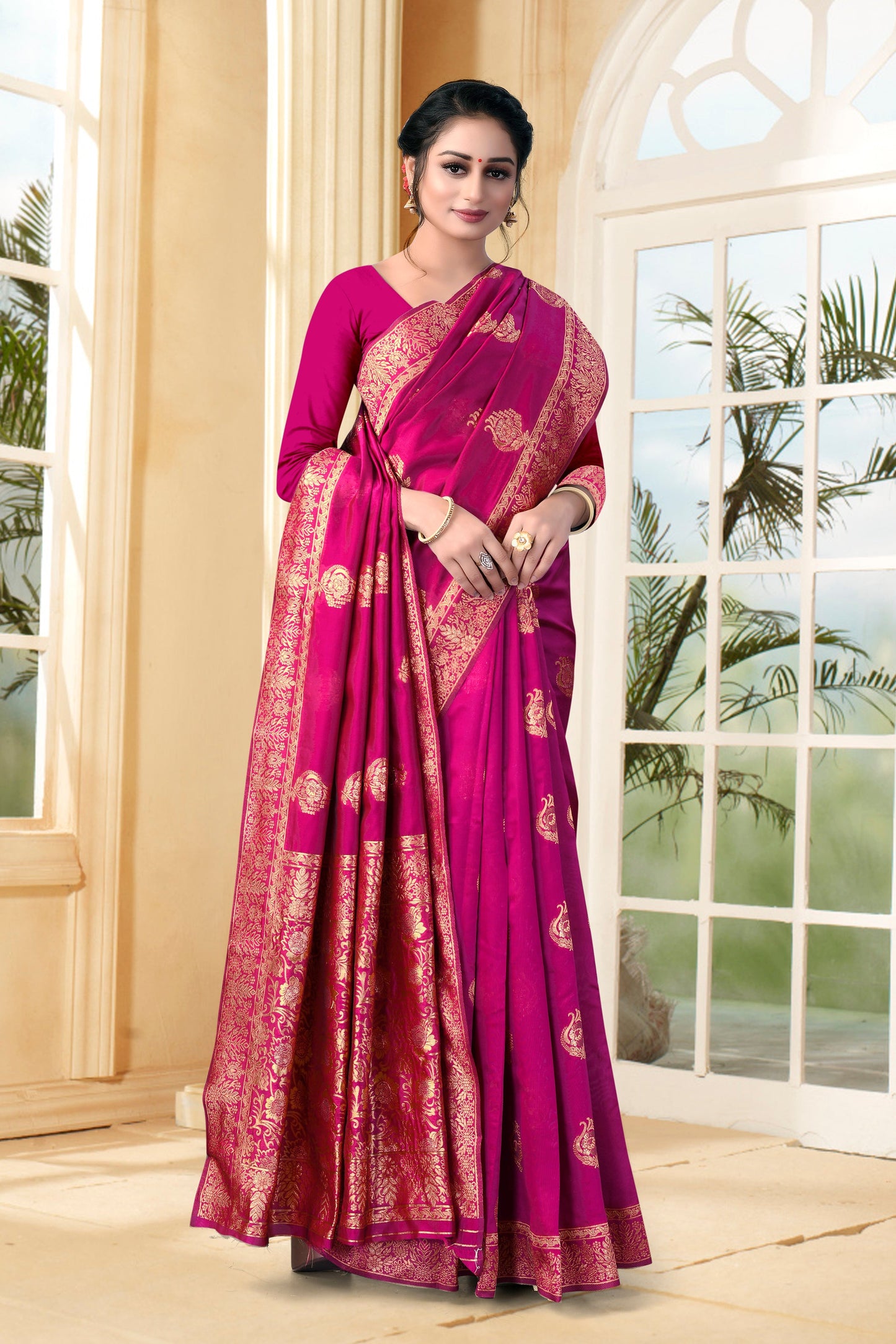 Vedant Vastram Litchi Silk Designer Banarasi Saree - Magenta | Swadesiicart