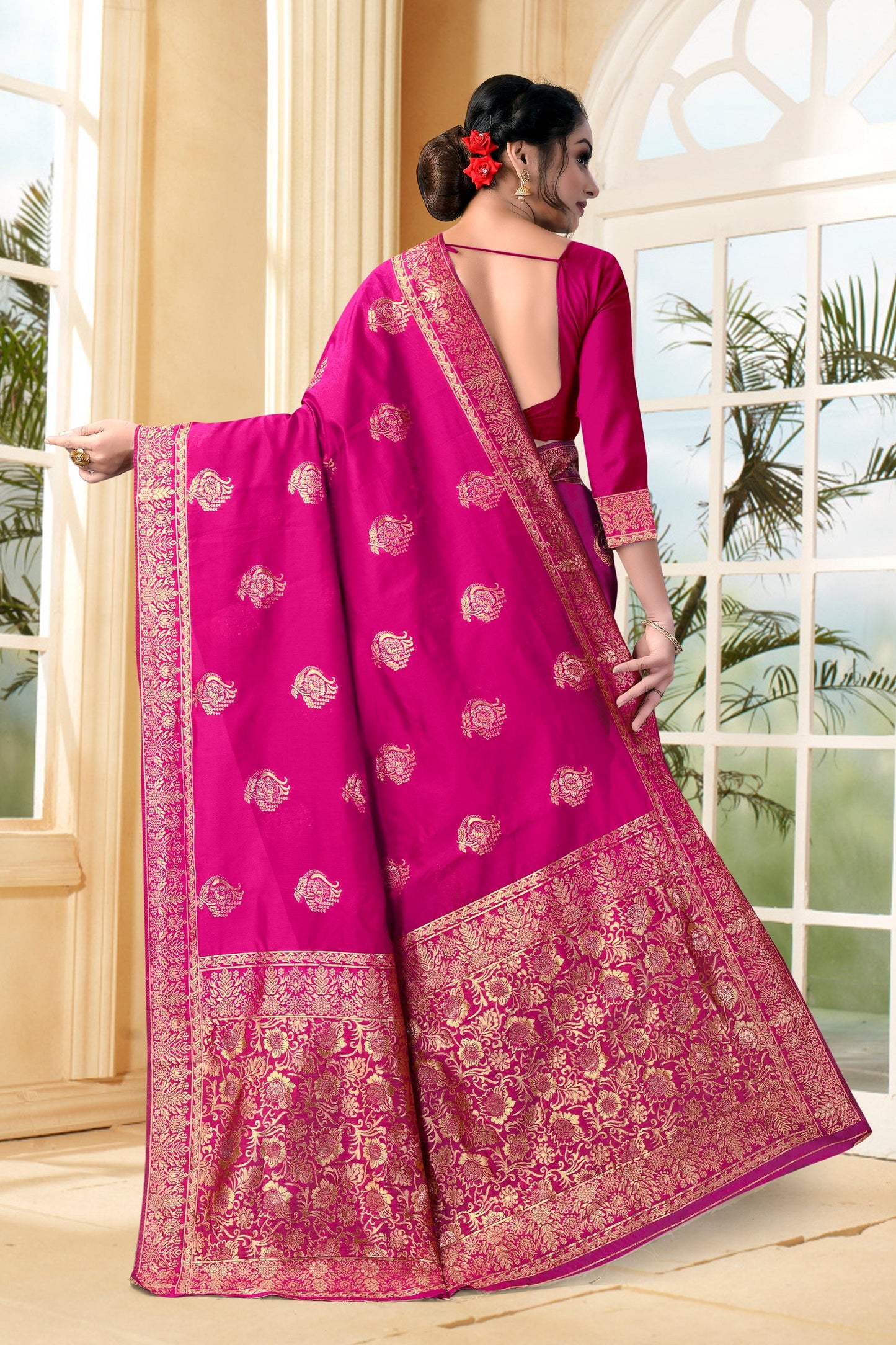Vedant Vastram Litchi Silk Designer Banarasi Saree - Magenta | Swadesiicart