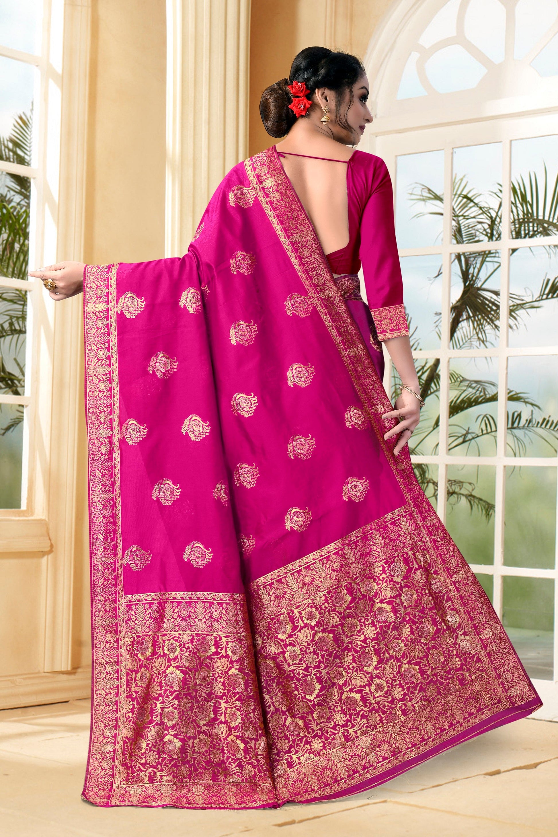 Vedant Vastram Litchi Silk Designer Banarasi Saree - Magenta | Swadesiicart