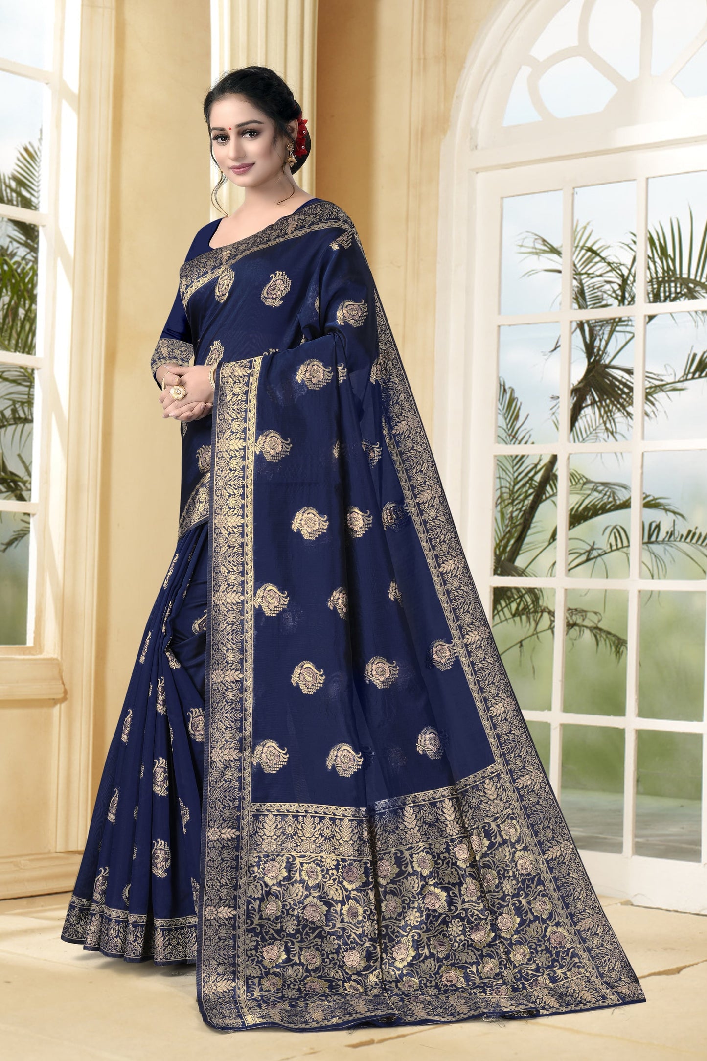 Vedant Vastram Litchi Silk Designer Banarasi Saree - Navy Blue | Swadesiicart