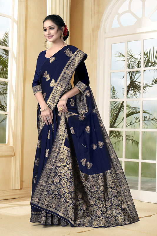 Vedant Vastram Litchi Silk Designer Banarasi Saree - Navy Blue | Swadesiicart