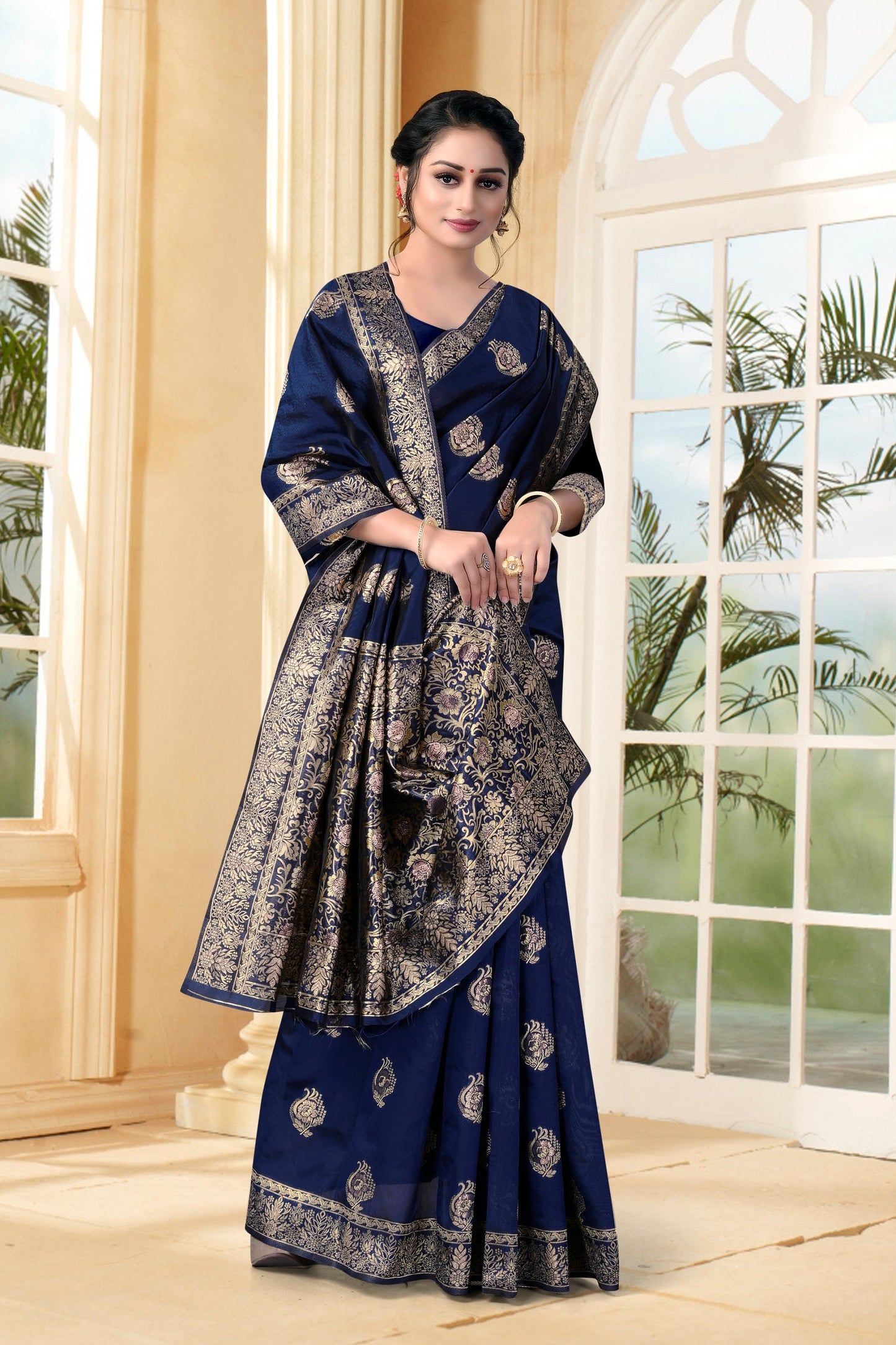 Vedant Vastram Litchi Silk Designer Banarasi Saree - Navy Blue | Swadesiicart