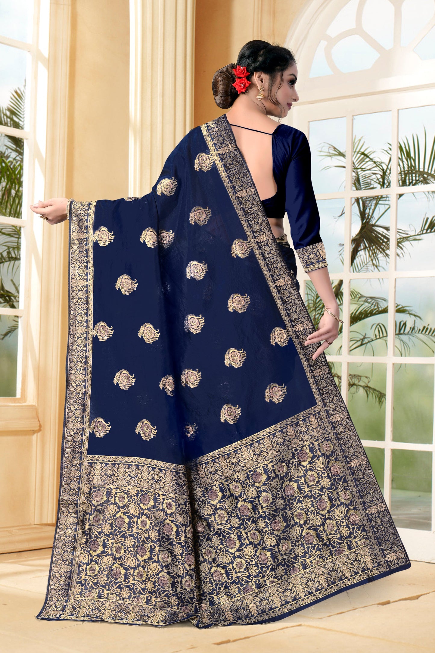 Vedant Vastram Litchi Silk Designer Banarasi Saree - Navy Blue | Swadesiicart