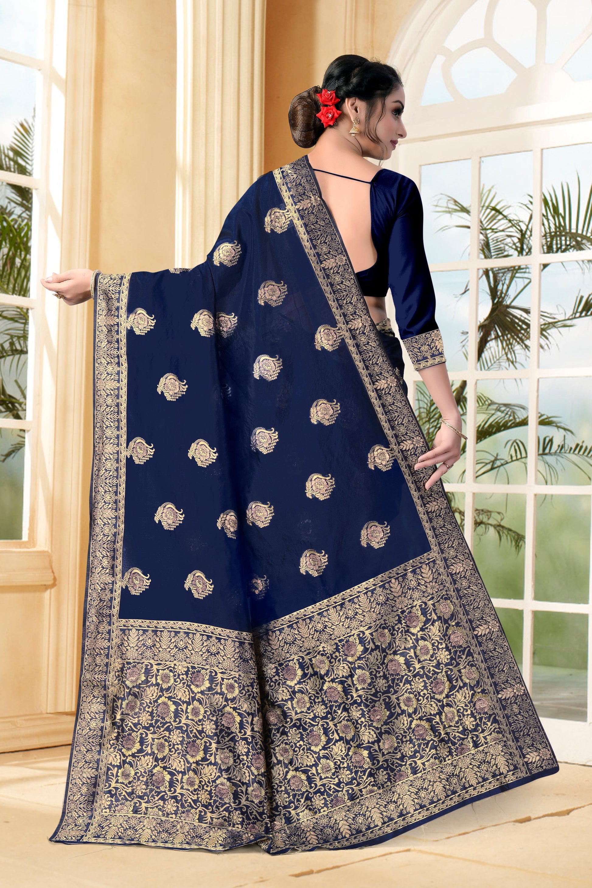 Vedant Vastram Litchi Silk Designer Banarasi Saree - Navy Blue | Swadesiicart