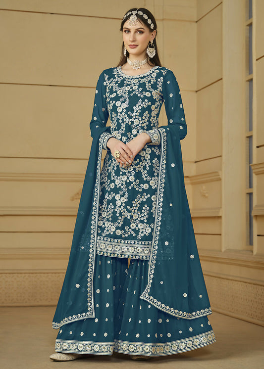 Turquoise Blue Embroidered Georgette Gharara Style Suit - Emponline | Swadesiicart