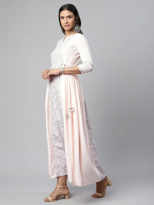 Ahalyaa Women Pink Crepe Khari Print Dress | Swadesiicart