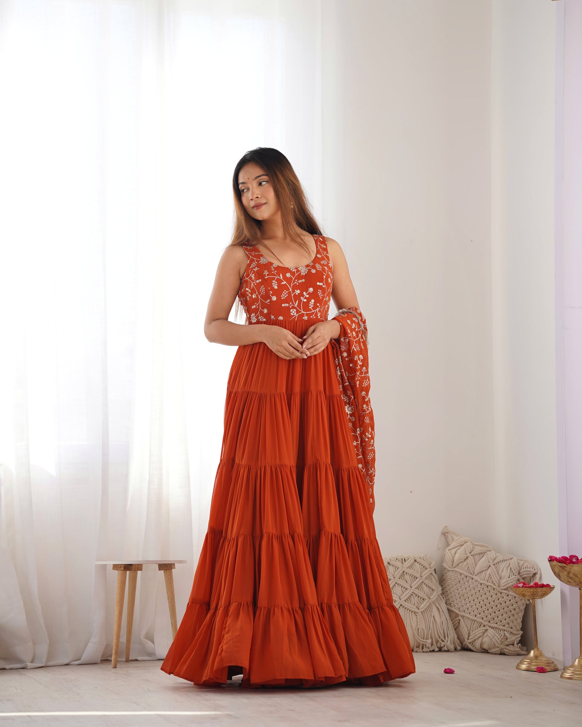 Lorenvalley Rust Faux Georgette Layer Gathering Anarkali Pant With Dupatta Set | Swadesiicart