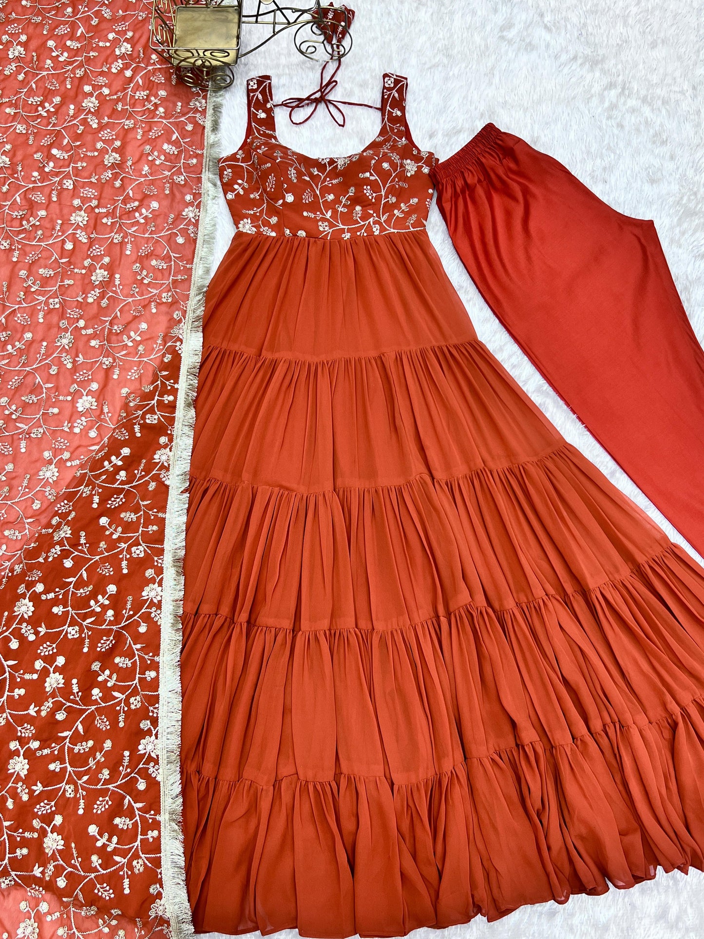 Lorenvalley Rust Faux Georgette Layer Gathering Anarkali Pant With Dupatta Set | Swadesiicart