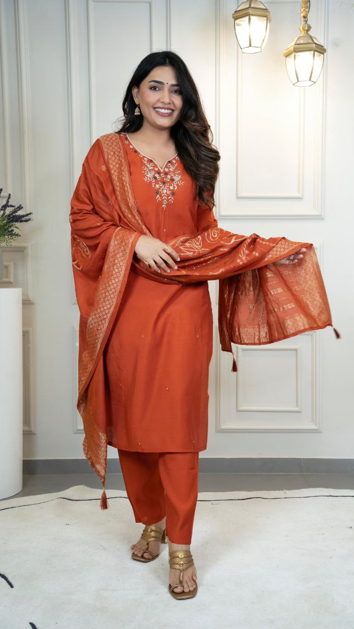 Lorenvalley Fashion Rust Roman Silk Hand Work Kurta Pant with Dupatta - Swadesiicart