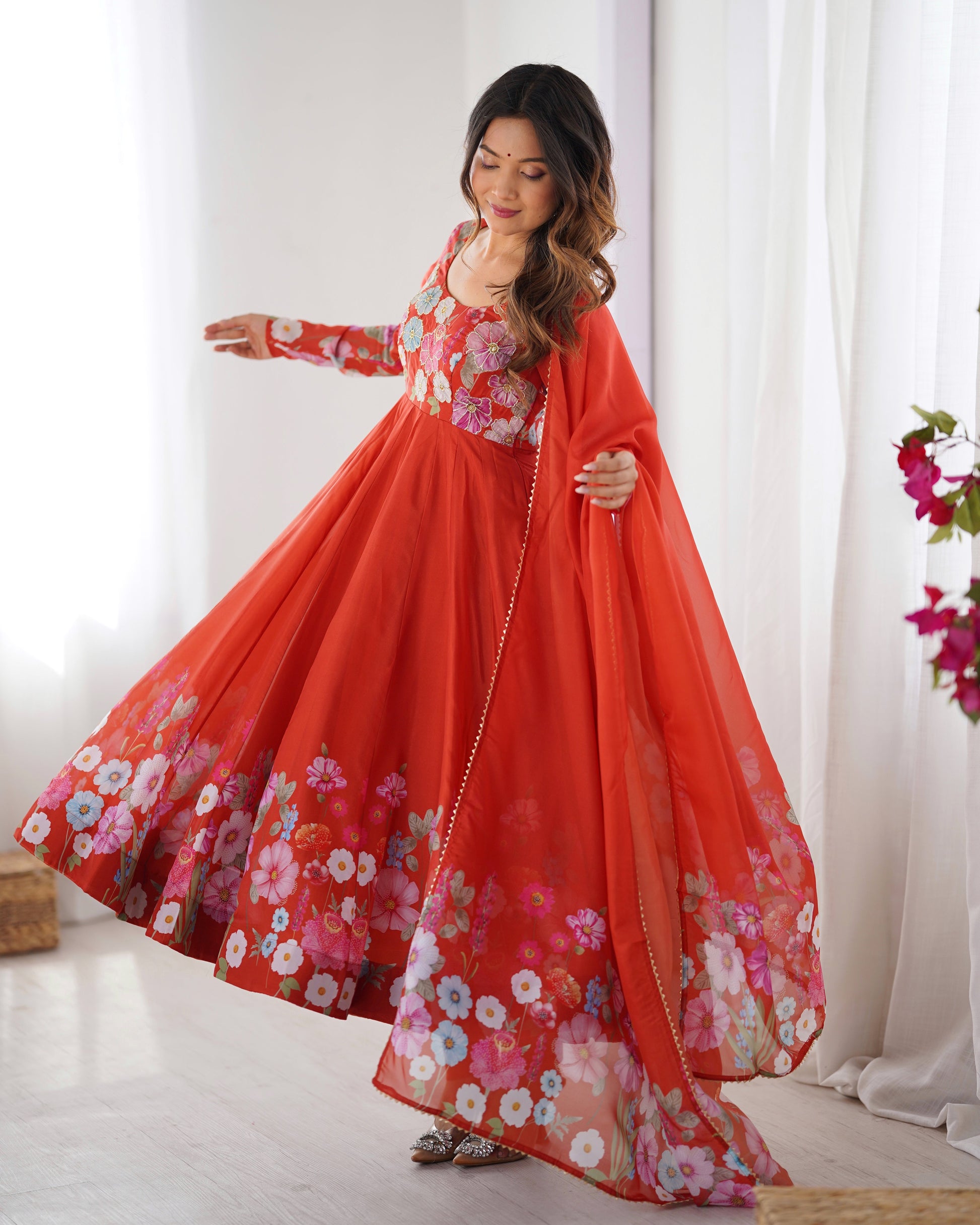Lorenvalley Rust Soft Organza Silk With Floral Print Fully Flared Anarkali Pant With Dupatta Set | Swadesiicart