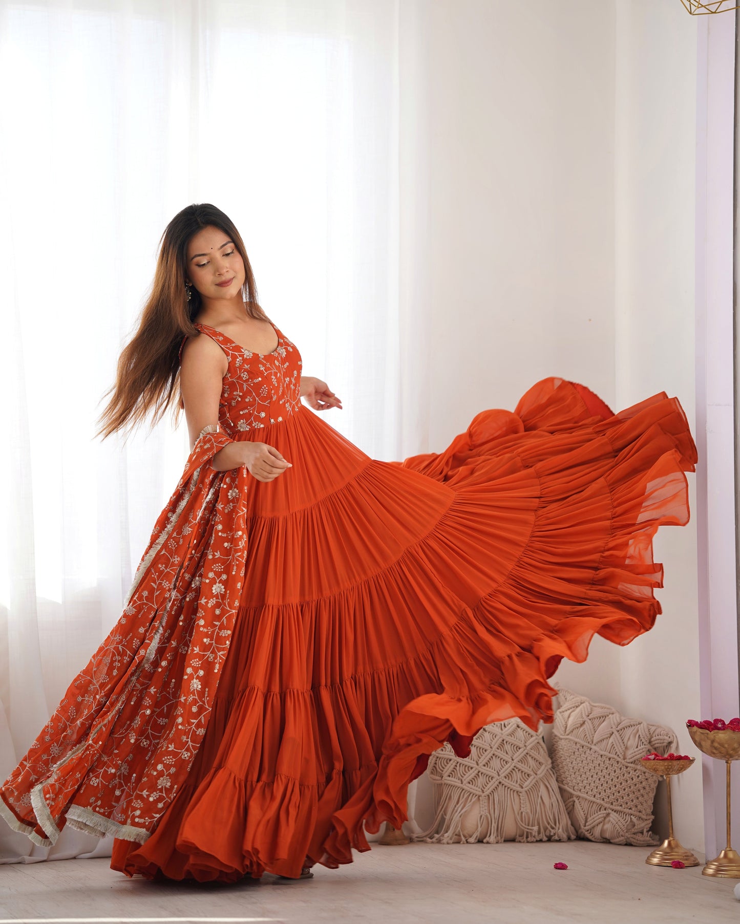 Lorenvalley Rust Faux Georgette Layer Gathering Anarkali Pant With Dupatta Set | Swadesiicart