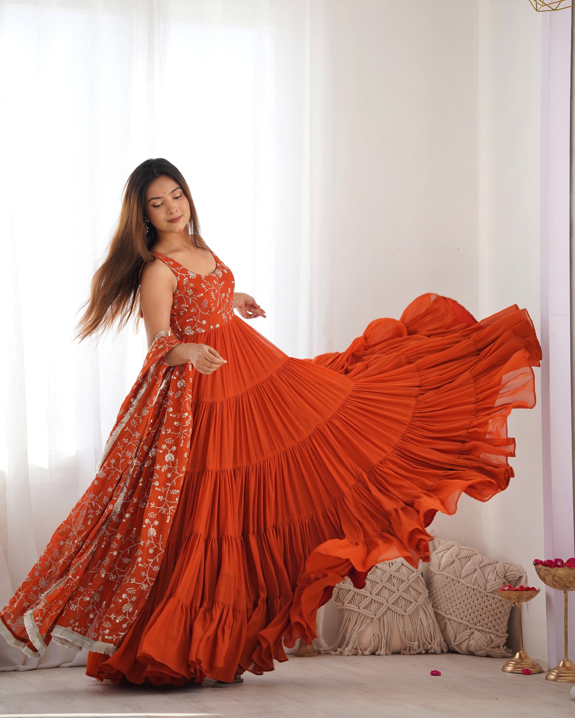 Lorenvalley Rust Faux Georgette Layer Gathering Anarkali Pant With Dupatta Set | Swadesiicart