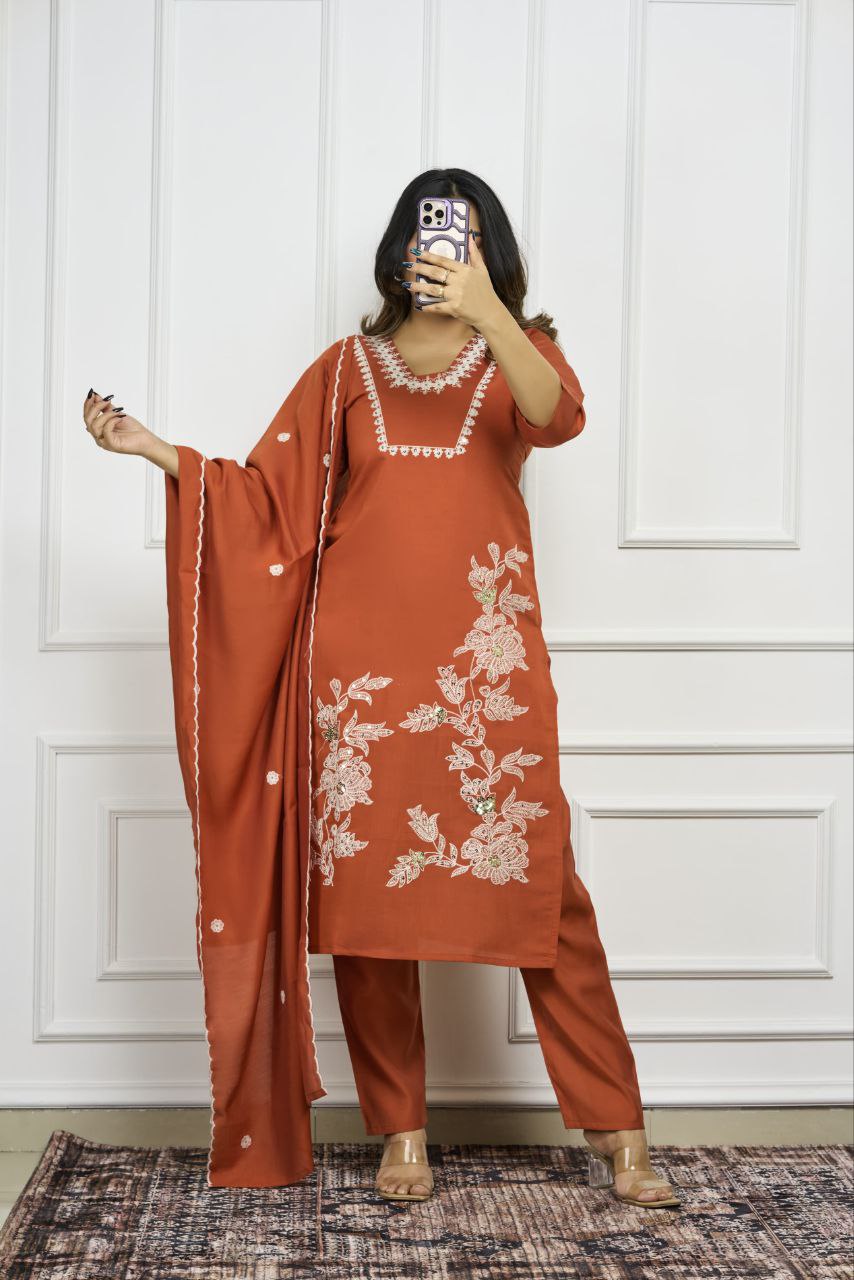 Lorenvalley Fashion Rust Roman Silk Embroidery with Sequence Work Kurta Pant with Dupatta - Swadesiicart