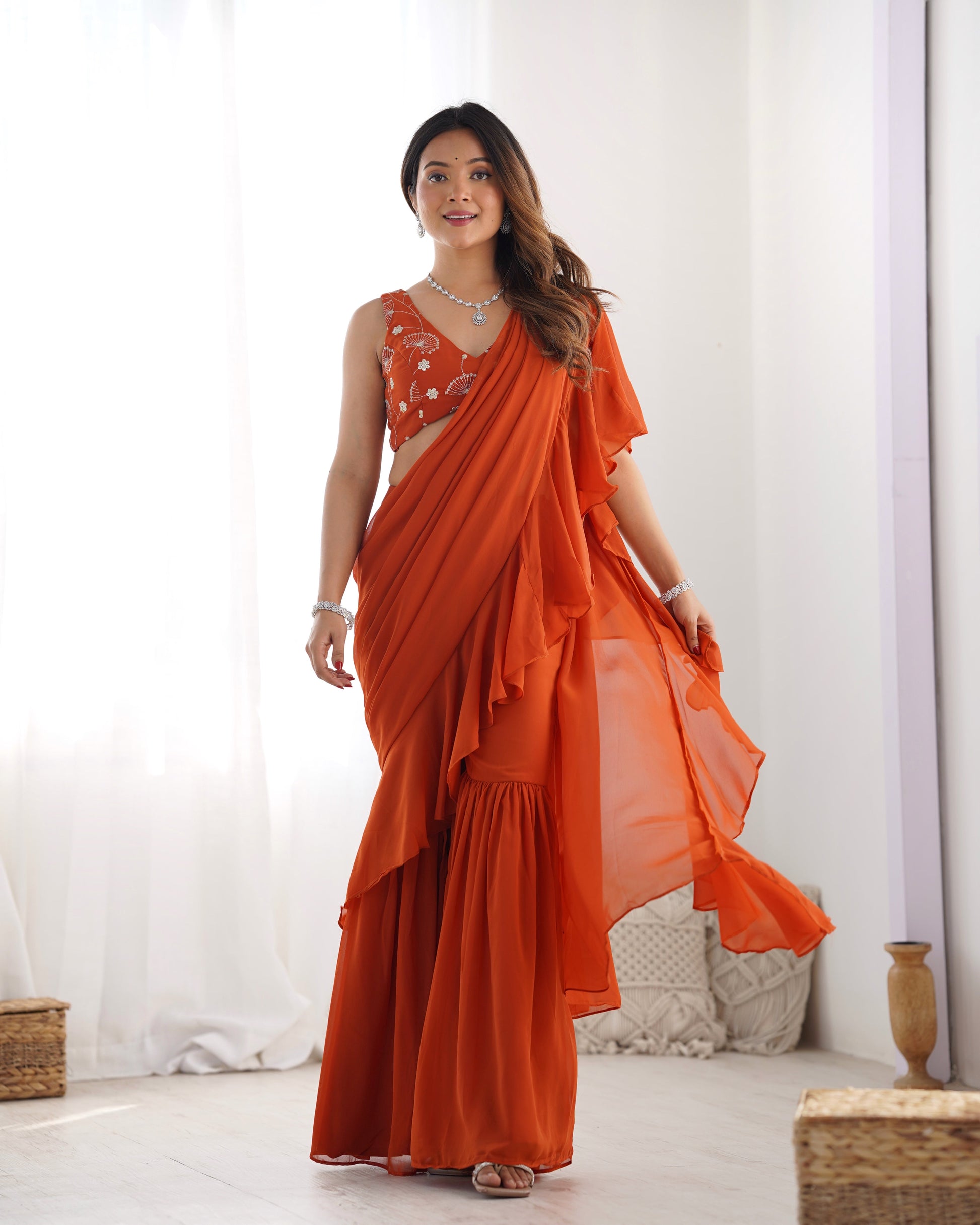 Lorenvalley Rust Faux Georgette Ready To Wear Sharara Saree with Full Stitched Blouse - Swadesiicart