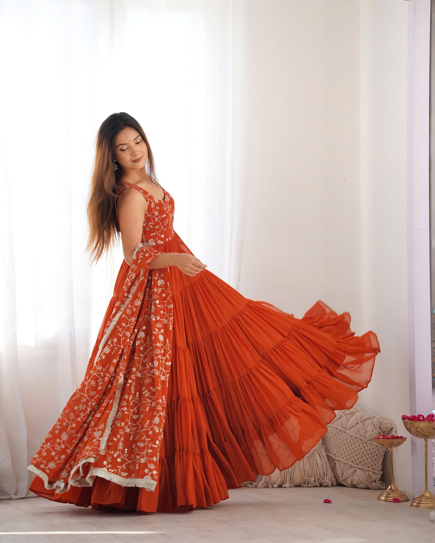 Lorenvalley Rust Faux Georgette Layer Gathering Anarkali Pant With Dupatta Set | Swadesiicart