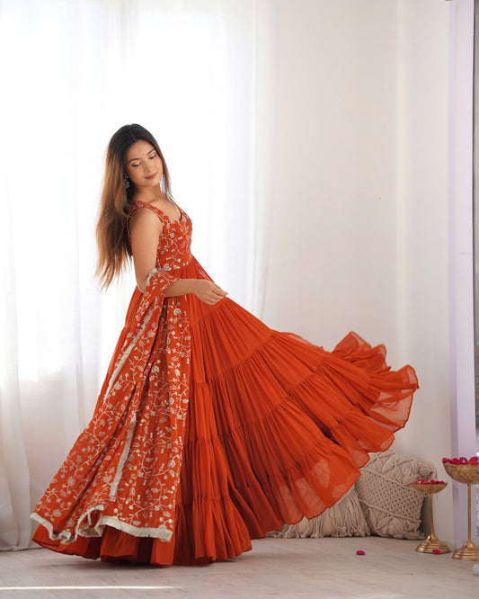 Lorenvalley Rust Faux Georgette Layer Gathering Anarkali Pant With Dupatta Set | Swadesiicart