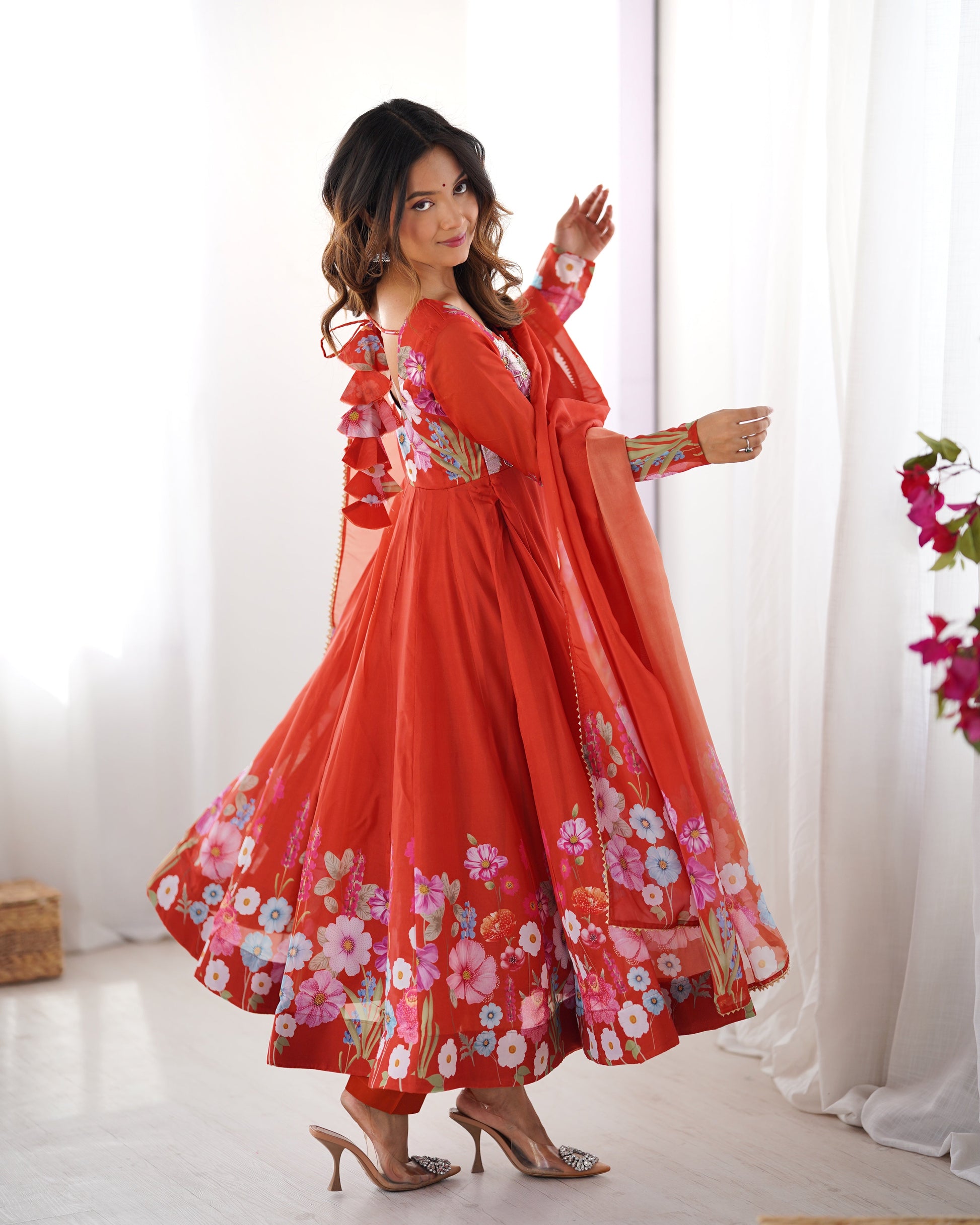 Lorenvalley Rust Soft Organza Silk With Floral Print Fully Flared Anarkali Pant With Dupatta Set | Swadesiicart