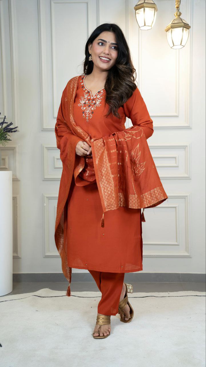 Lorenvalley Fashion Rust Roman Silk Hand Work Kurta Pant with Dupatta - Swadesiicart