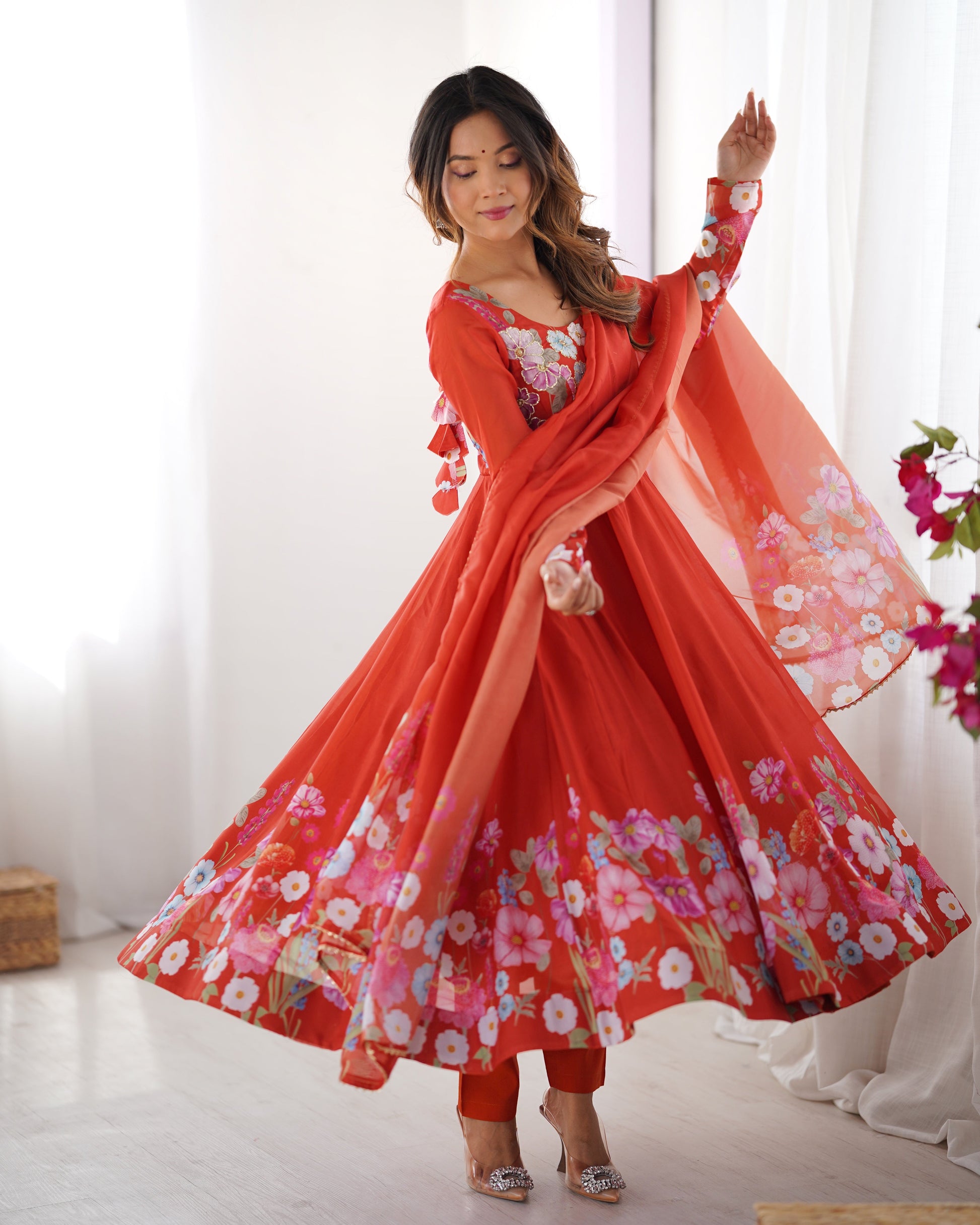 Lorenvalley Rust Soft Organza Silk With Floral Print Fully Flared Anarkali Pant With Dupatta Set | Swadesiicart