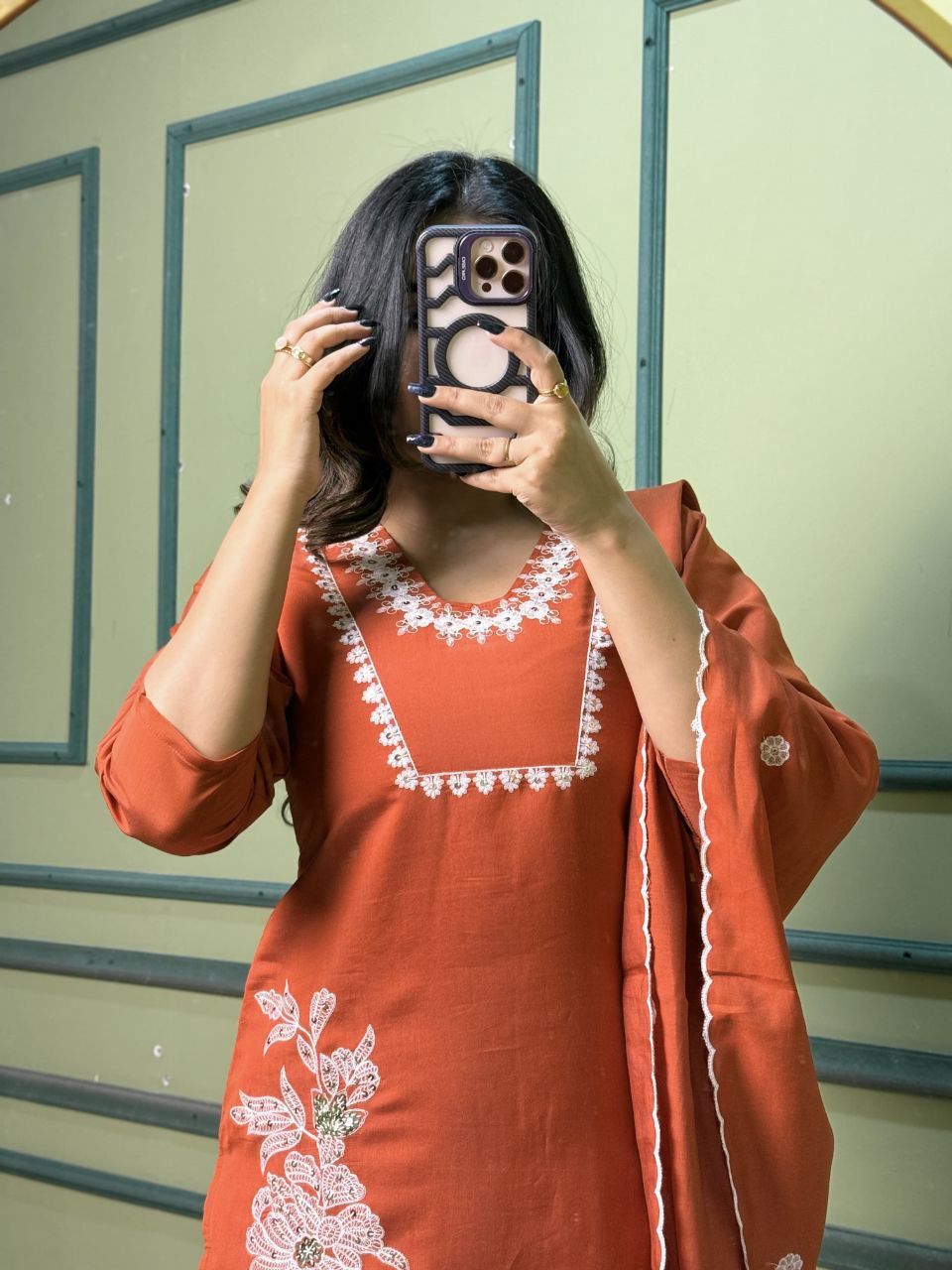Lorenvalley Fashion Rust Roman Silk Embroidery with Sequence Work Kurta Pant with Dupatta - Swadesiicart