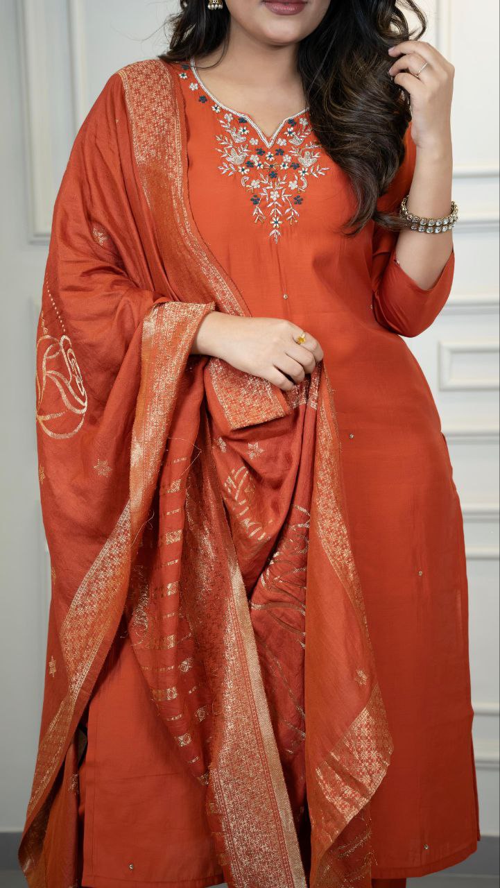 Lorenvalley Fashion Rust Roman Silk Hand Work Kurta Pant with Dupatta - Swadesiicart