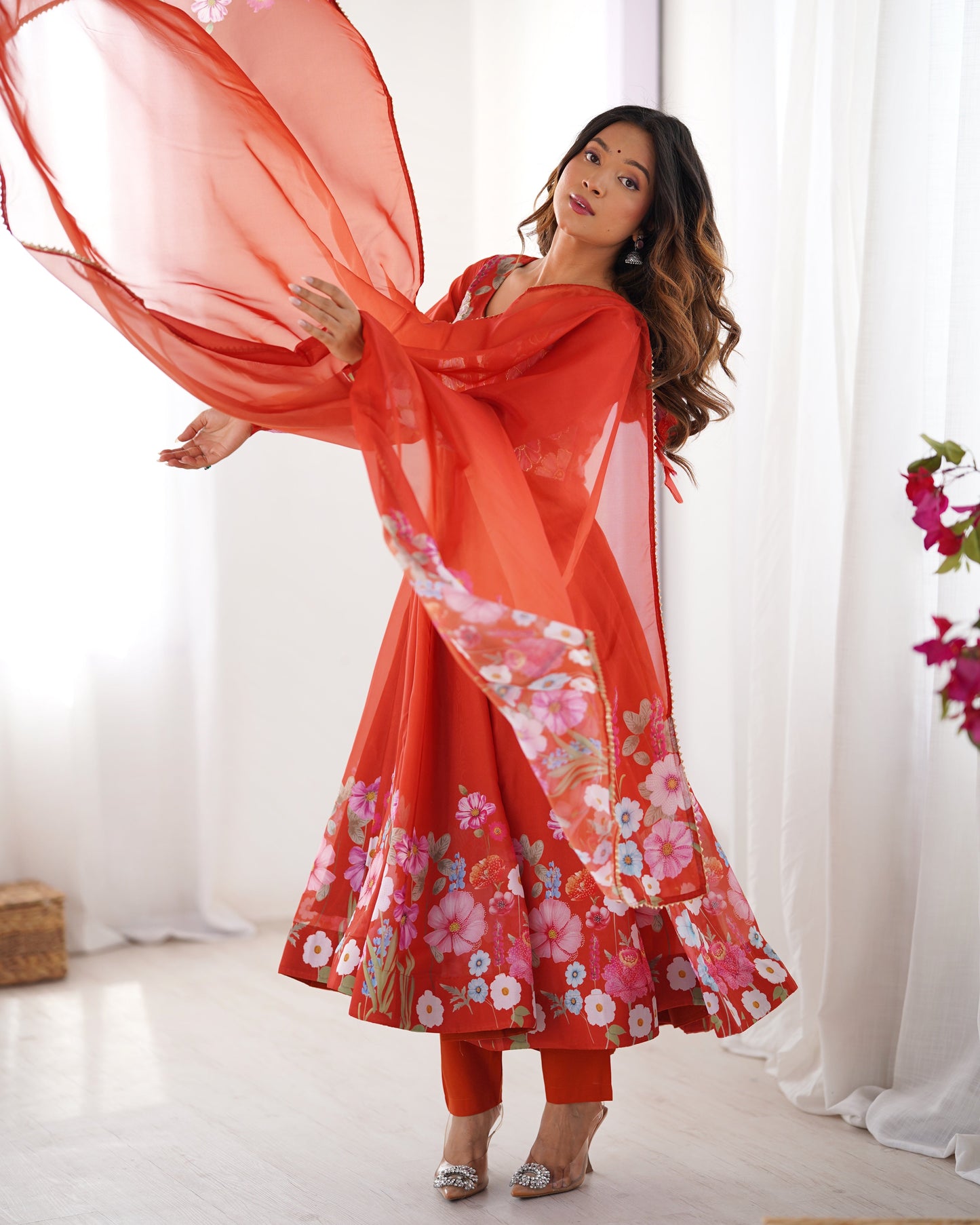 Lorenvalley Rust Soft Organza Silk With Floral Print Fully Flared Anarkali Pant With Dupatta Set | Swadesiicart