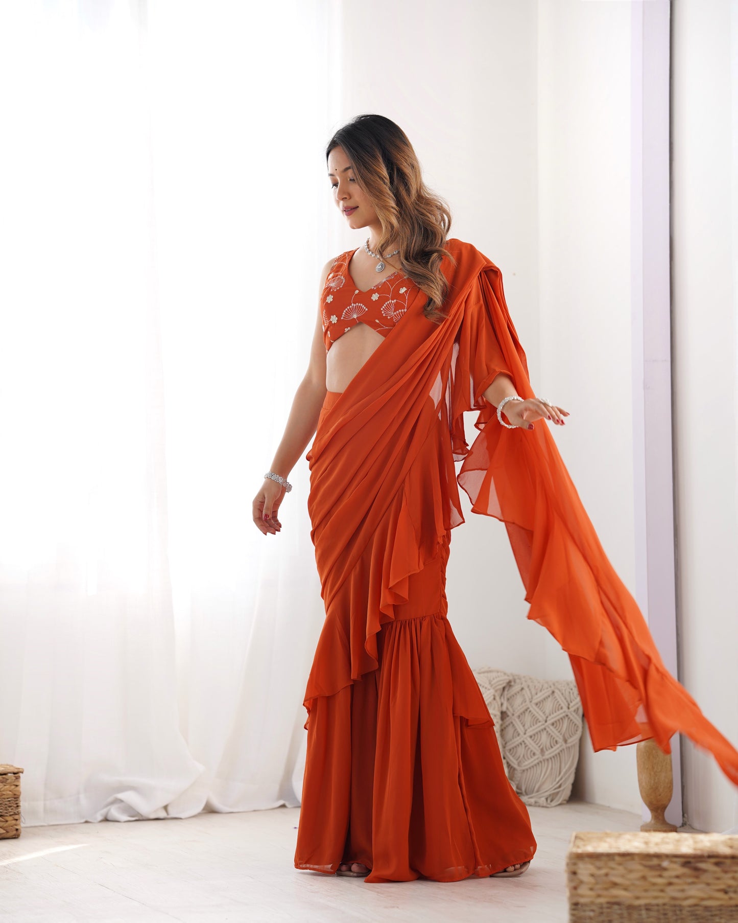 Lorenvalley Rust Faux Georgette Ready To Wear Sharara Saree with Full Stitched Blouse - Swadesiicart