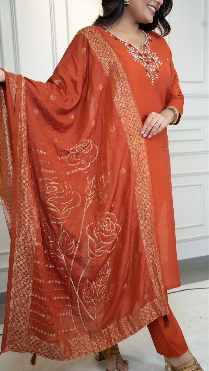 Lorenvalley Fashion Rust Roman Silk Hand Work Kurta Pant with Dupatta - Swadesiicart
