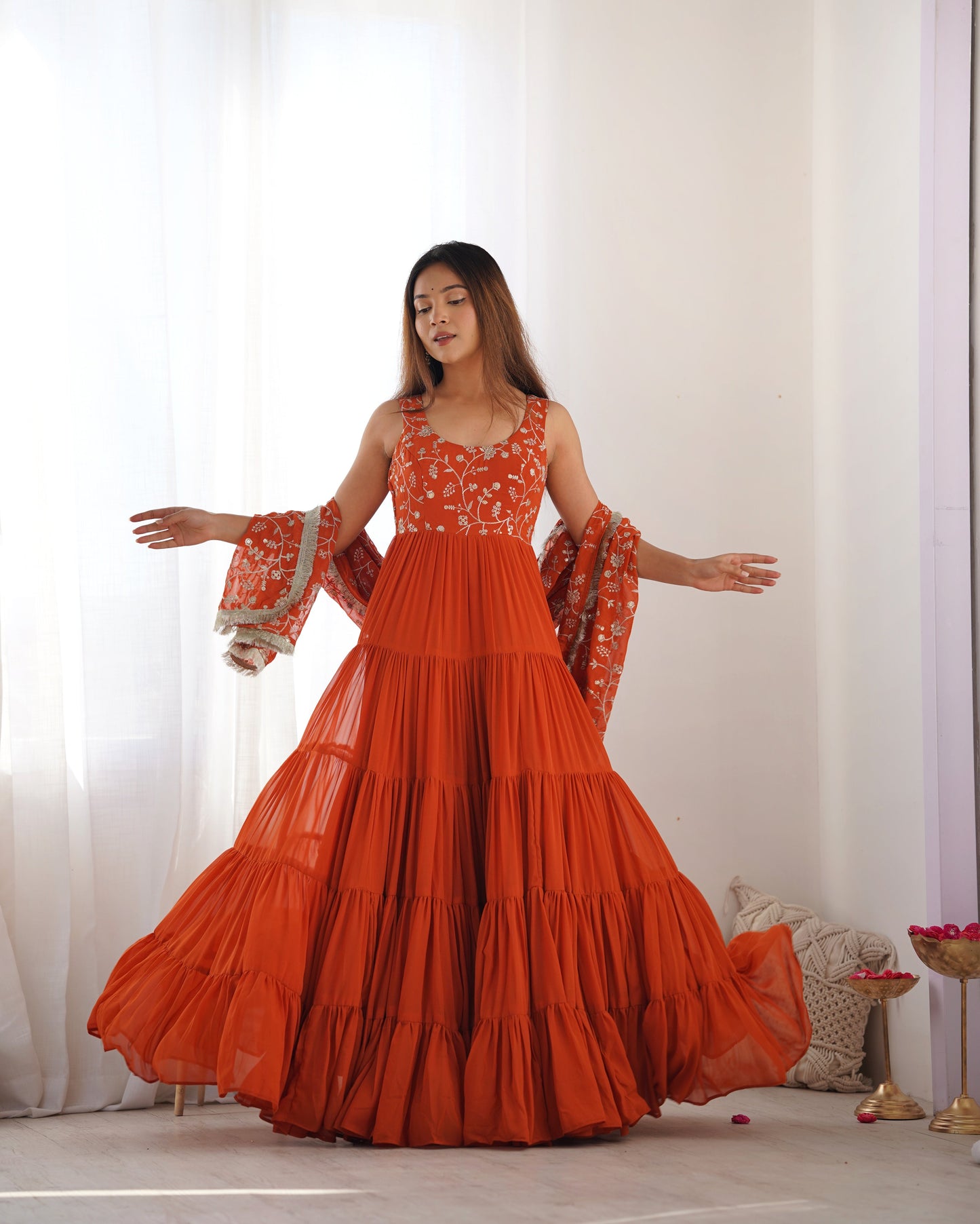 Lorenvalley Rust Faux Georgette Layer Gathering Anarkali Pant With Dupatta Set | Swadesiicart